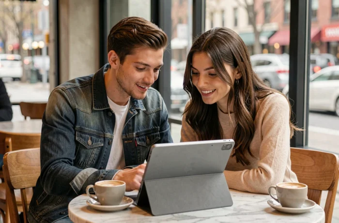 Deux jeunes professionnels consultant des offres d'emploi sur une tablette dans un café