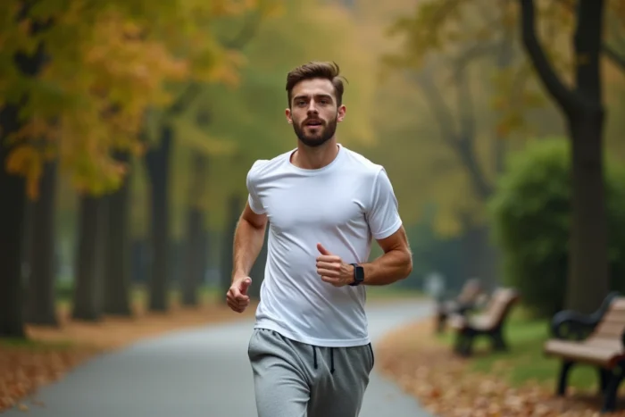 Jeune homme faisant du jogging dans un parc verdoyant en automne, représentant les bienfaits de l'activité physique régulière pour la santé quotidienne