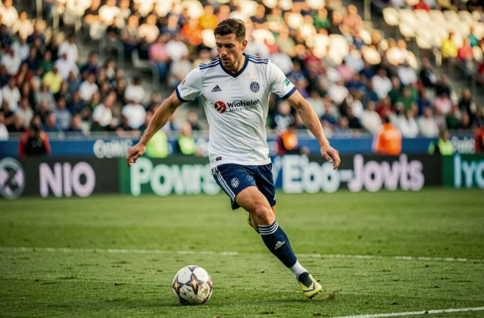 Joueur de football professionnel en pleine action de dribble sur un terrain de stade lors d'un match officiel