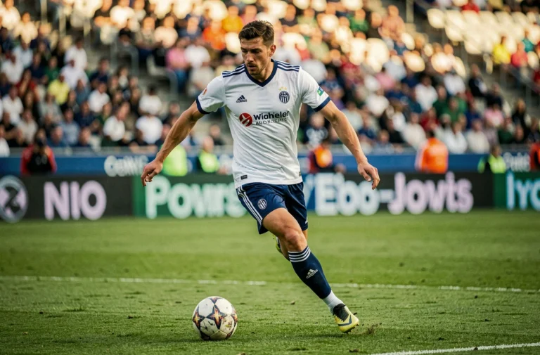 Joueur de football professionnel en pleine action de dribble sur un terrain de stade lors d'un match officiel