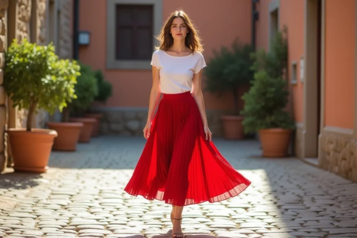 Femme en jupe midi plissée rouge et top blanc à col bateau pour le 4 juillet