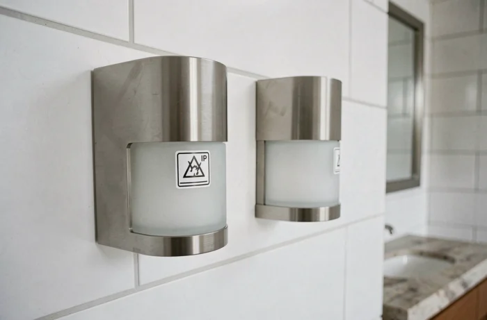 Deux luminaires muraux en salle de bain affichant respectivement le symbole classe 2 et l'indice de protection IP