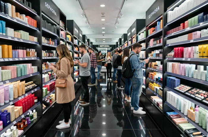 Allée d'une grande enseigne de beauté moderne avec des clients parcourant des rayons de cosmétiques et de parfums