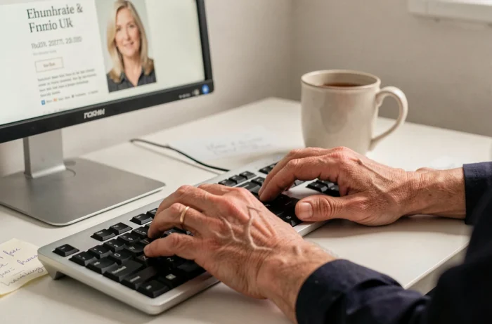 Gros plan de mains tapant un message de condoléances sur un service d'avis de décès en ligne