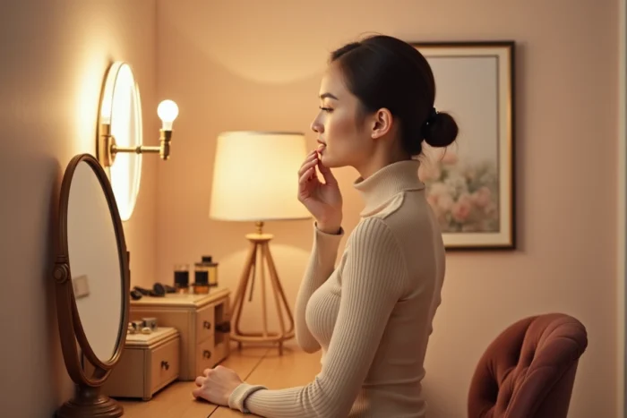 Jeune femme appliquant un rouge à lèvres nude devant un miroir de coiffeuse entouré d'ampoules dans un dressing intimiste aux tons rosés