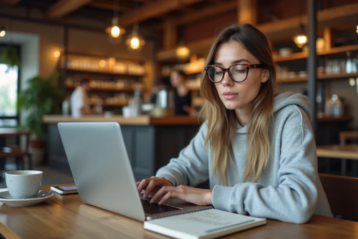 Jeune femme travaillant sur des stratégies de marketing digital dans un café avec un ordinateur portable