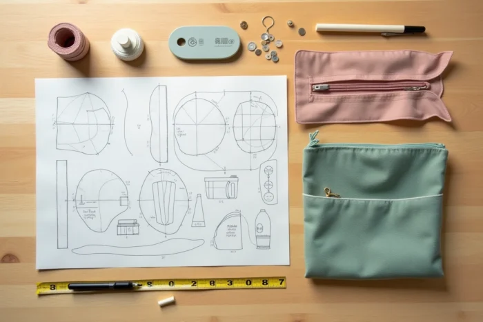 Vue à plat des éléments nécessaires pour réaliser une pochette infirmière avec patron gratuit : tissu, fermeture éclair, boutons-pression et patron découpé