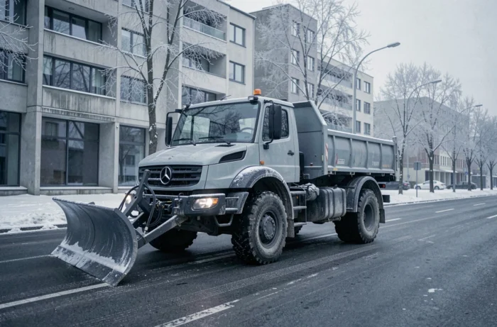 Mercedes Unimog 2025 équipé d'une lame chasse-neige sur une route urbaine enneigée en hiver
