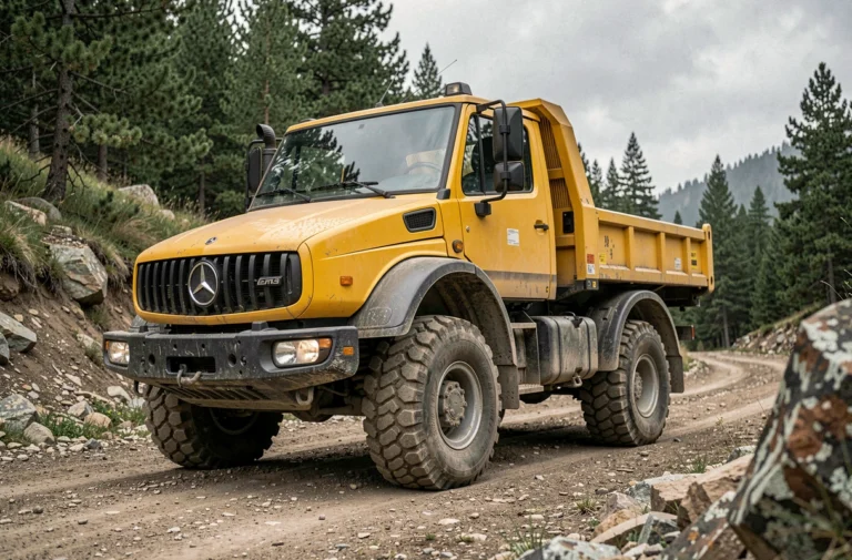 Mercedes Unimog 2025 en vue 3/4 avant sur un chemin de montagne boueux, entouré de pins et de rochers