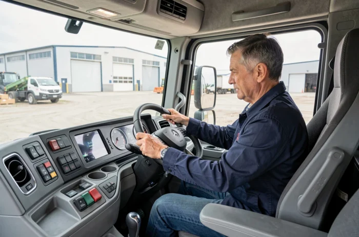 Intérieur de la cabine du Mercedes Unimog 2025 avec tableau de bord numérique et technicien masculin aux commandes