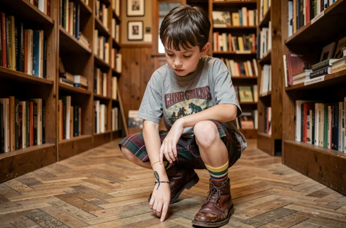 Garçon créatif en tenue originale plaid et boots en cuir accroupi dans une librairie indépendante chaleureuse