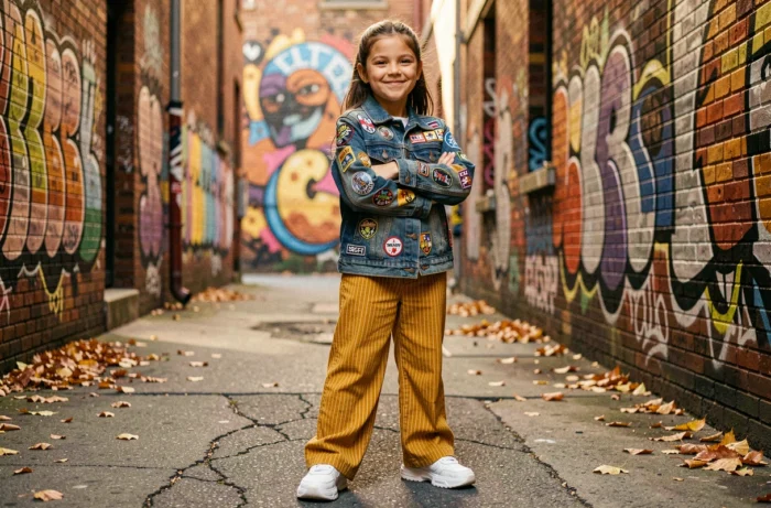 Jeune fille stylée en veste en jean patchwork colorée et pantalon rayé moutarde devant un mur de street art urbain