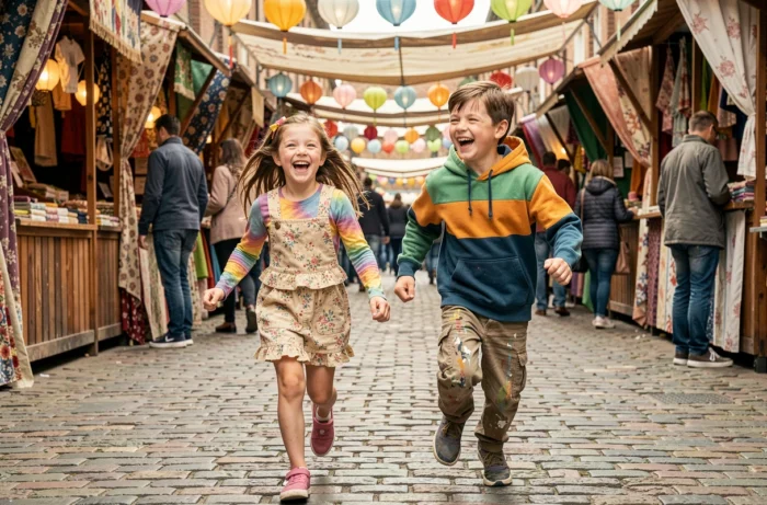 Deux enfants joyeux en tenues colorées et originales courant dans un marché artisanal en plein air