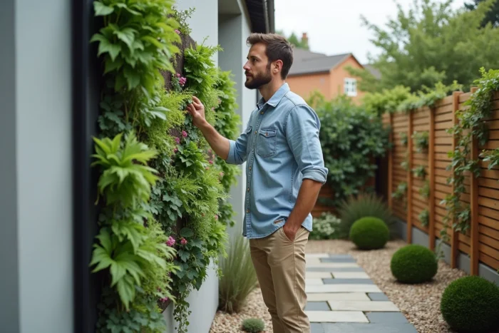 Homme inspectant un mur végétal vertical avec herbes et fougères dans un jardin contemporain