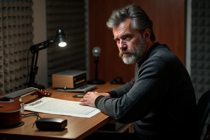 Musicien étudiant les accords de Mistral Gagnant sur une fiche d'accords guitare dans un studio d'enregistrement