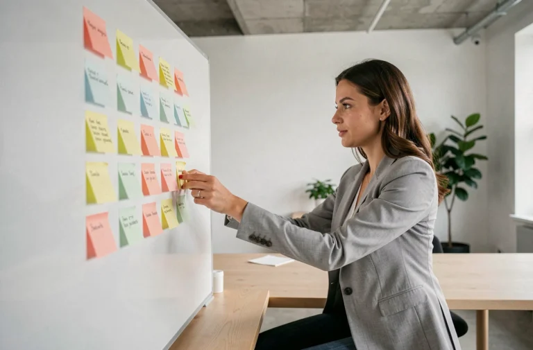Femme professionnelle organisant un plan de site sur tableau blanc dans un bureau moderne