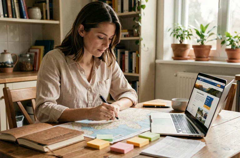 Femme organisant un voyage à la maison avec une carte, un journal de bord et un ordinateur portable ouvert sur un site de réservation