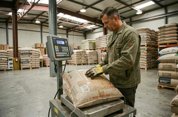 Ouvrier d'entrepôt pesant des sacs de marchandises sur une balance industrielle numérique affichant des kilogrammes