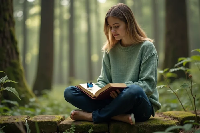 Papillon bleu posé sur un livre ouvert tenu par une jeune femme assise dans une forêt mystérieuse