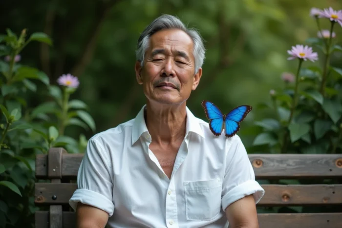 Papillon bleu morpho posé sur l'épaule d'un homme méditatif dans un jardin verdoyant