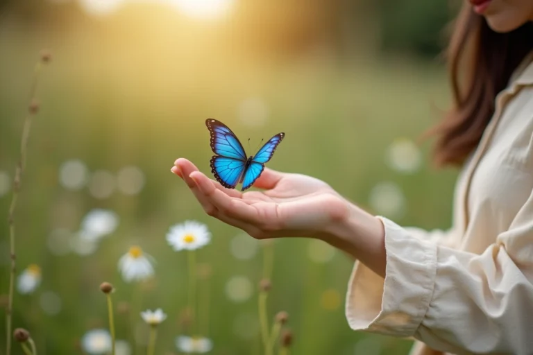 Papillon bleu posé sur la main d'une femme dans un pré fleuri, symbolisant la spiritualité et la chance