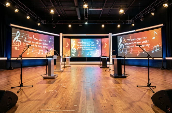 Plateau vide de l'émission N'oubliez pas les paroles avec décor coloré et écrans LED