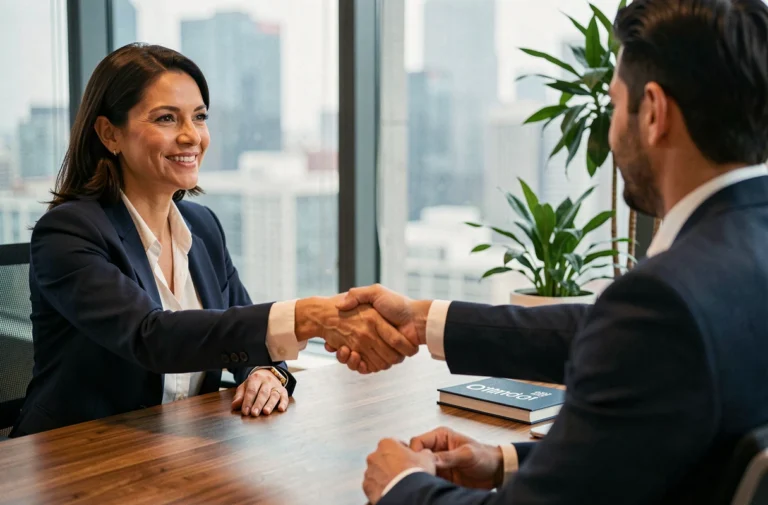 Deux professionnels scellant un partenariat d'entreprise avec une poignée de main dans une salle de réunion moderne