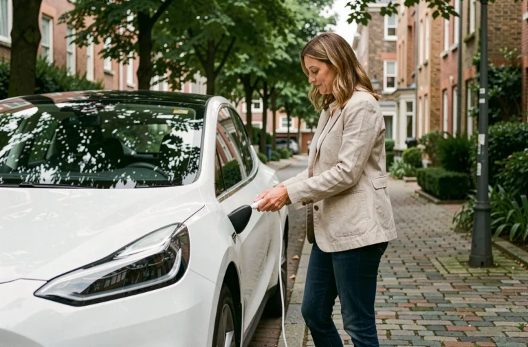 Femme branchant un câble de recharge sur une voiture électrique blanche dans une rue résidentielle pavée, illustrant la mobilité durable au quotidien