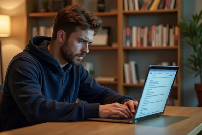Homme cherchant la nouvelle adresse de Wookafr TV sur son ordinateur portable dans un bureau à domicile