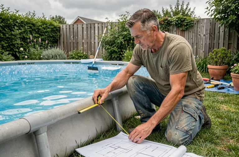 Homme mesurant les dimensions d'une piscine hors-sol dans un jardin pour planifier sa réduction