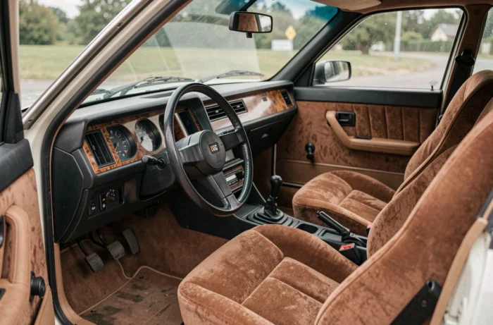 Intérieur restauré d'une Renault 30 V8 avec tableau de bord vinyl, jauges analogiques et sièges baquets en velours marron tabac
