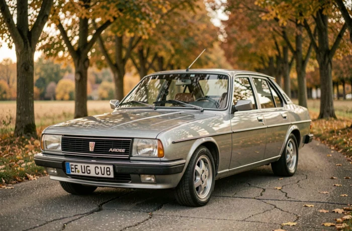 Renault 30 V8 gris métallisé garée sur une route de campagne française bordée d'arbres en automne, vue trois quarts avant