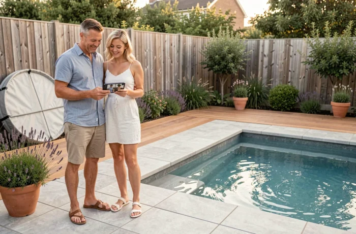 Couple admirant le résultat de la réduction de leur piscine après des travaux de rénovation extérieure