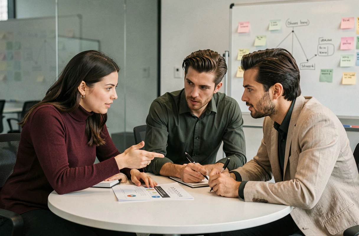 Une équipe de professionnels collaborant autour d'une présentation de partenariat stratégique en salle de réunion