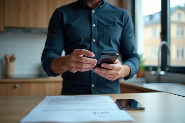 Homme comparant son RIB bancaire sur smartphone avec un courrier France Travail dans une cuisine moderne