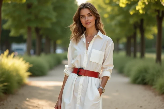 Femme portant une robe chemise blanche oversized avec une ceinture rouge pour le 4 juillet