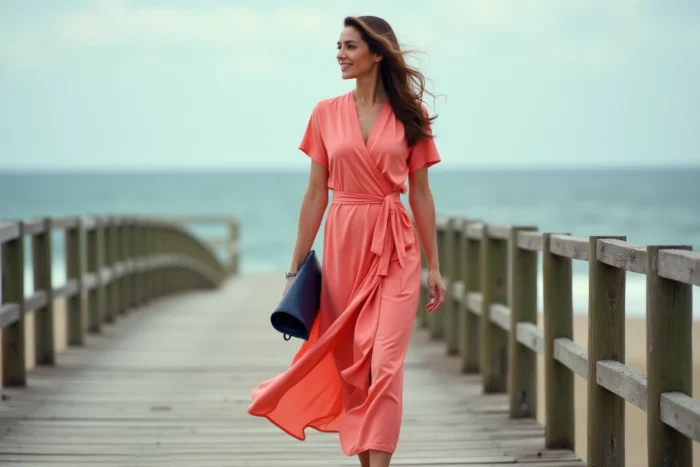 Femme en robe portefeuille corail et pochette bleu marine sur un bord de mer pour le 4 juillet