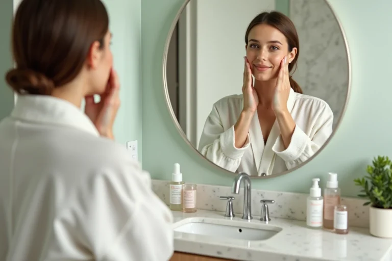 Femme appliquant un sérum sur son visage devant un miroir de salle de bain au style moderne avec des produits de soin posés sur un comptoir en marbre