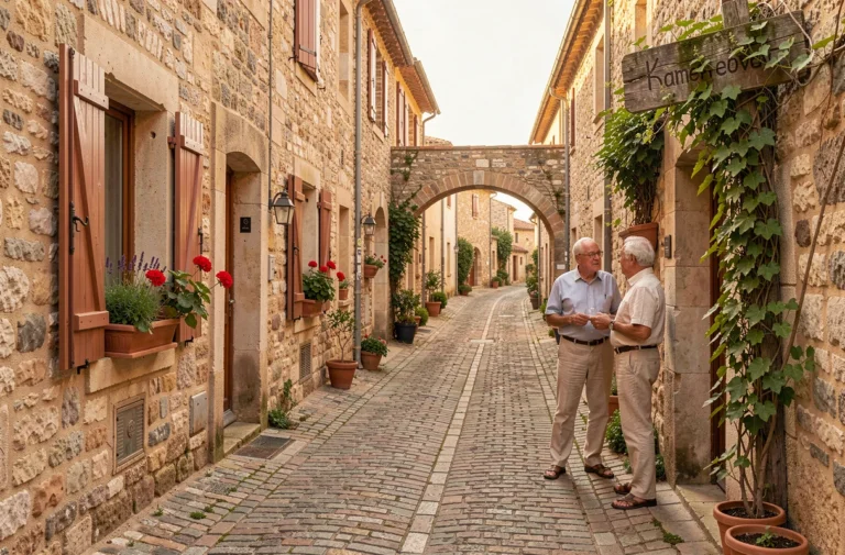 Rue pavée typique du village provençal de Fuveau avec façades en pierre et volets en bois colorés