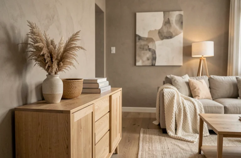 Coin salon contemporain avec buffet en chêne clair, vase en céramique et herbe de pampa séchée dans une décoration tendance scandinave