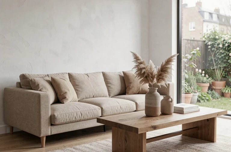 Salon scandinave minimaliste avec canapé en lin, table basse en chêne et vases en céramique avec herbes de pampa séchées