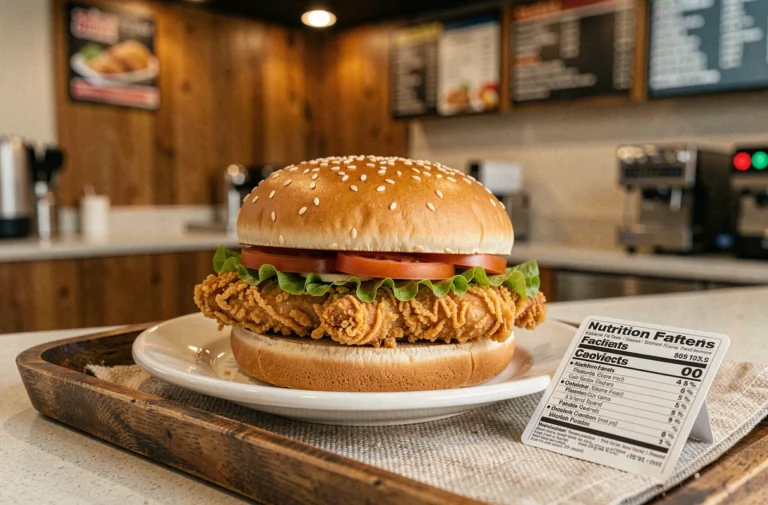 Sandwich de poulet croustillant Pepe Chicken sur un plateau en bois avec fiche nutritionnelle