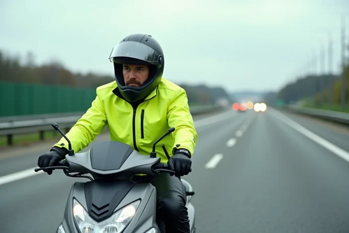Motard en scooter 125cc sur autoroute française avec équipement de sécurité complet