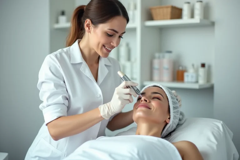 Esthéticienne professionnelle réalisant une séance d'électrolyse sur la lèvre supérieure d'une cliente dans un institut de beauté à Montpellier
