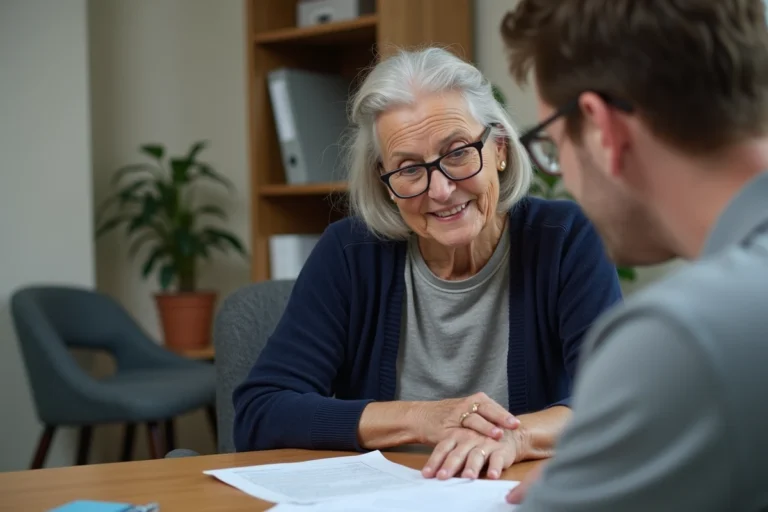 Une senior belge en consultation avec un conseiller social pour découvrir ses avantages et services disponibles