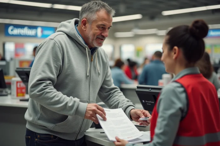 Client récupérant ses documents imprimés au comptoir du service Carrefour