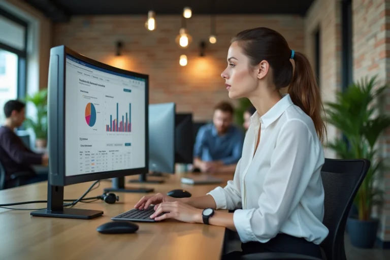 Femme professionnelle analysant des stratégies de marketing digital sur un écran dans un bureau moderne