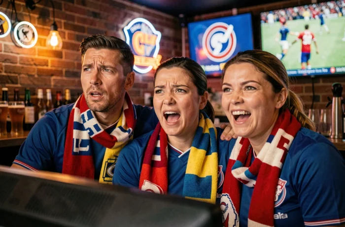 Supporters de football réunis dans un bar sportif pour suivre les dernières actualités et résultats de la saison