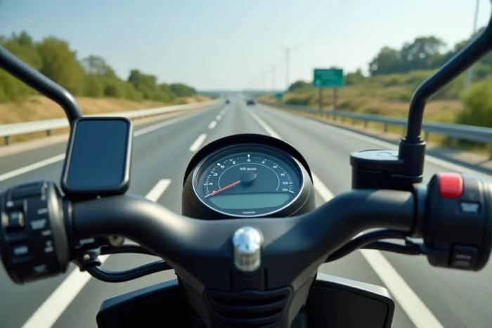 Tableau de bord d'un scooter 125cc sur autoroute avec compteur affichant 110 km/h et GPS navigation