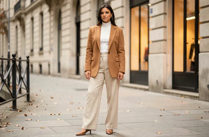 Femme élégante portant un blazer oversize camel et un pantalon large ecru dans une rue parisienne en automne, tendances mode saison